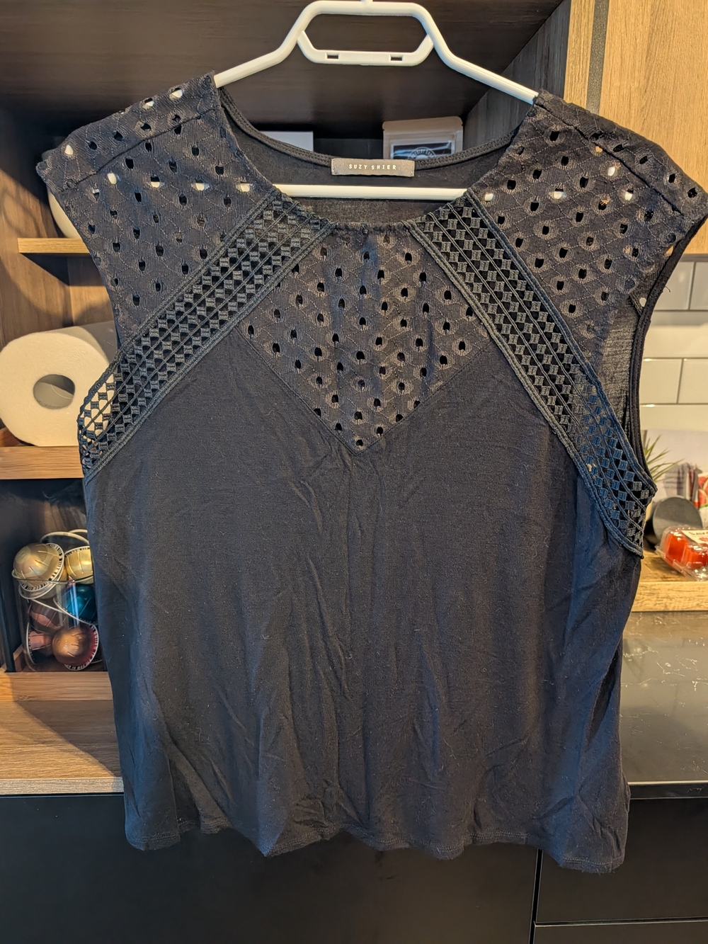 Suzy Shier Black Eyelet & Lace-Trim Sleeveless Camisole